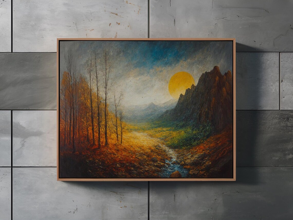 Autumn Valley With Golden Sun Rocky Peaks and Bare Trees Poster