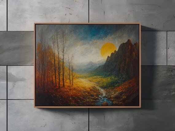 Autumn Valley With Golden Sun Rocky Peaks and Bare Trees Poster