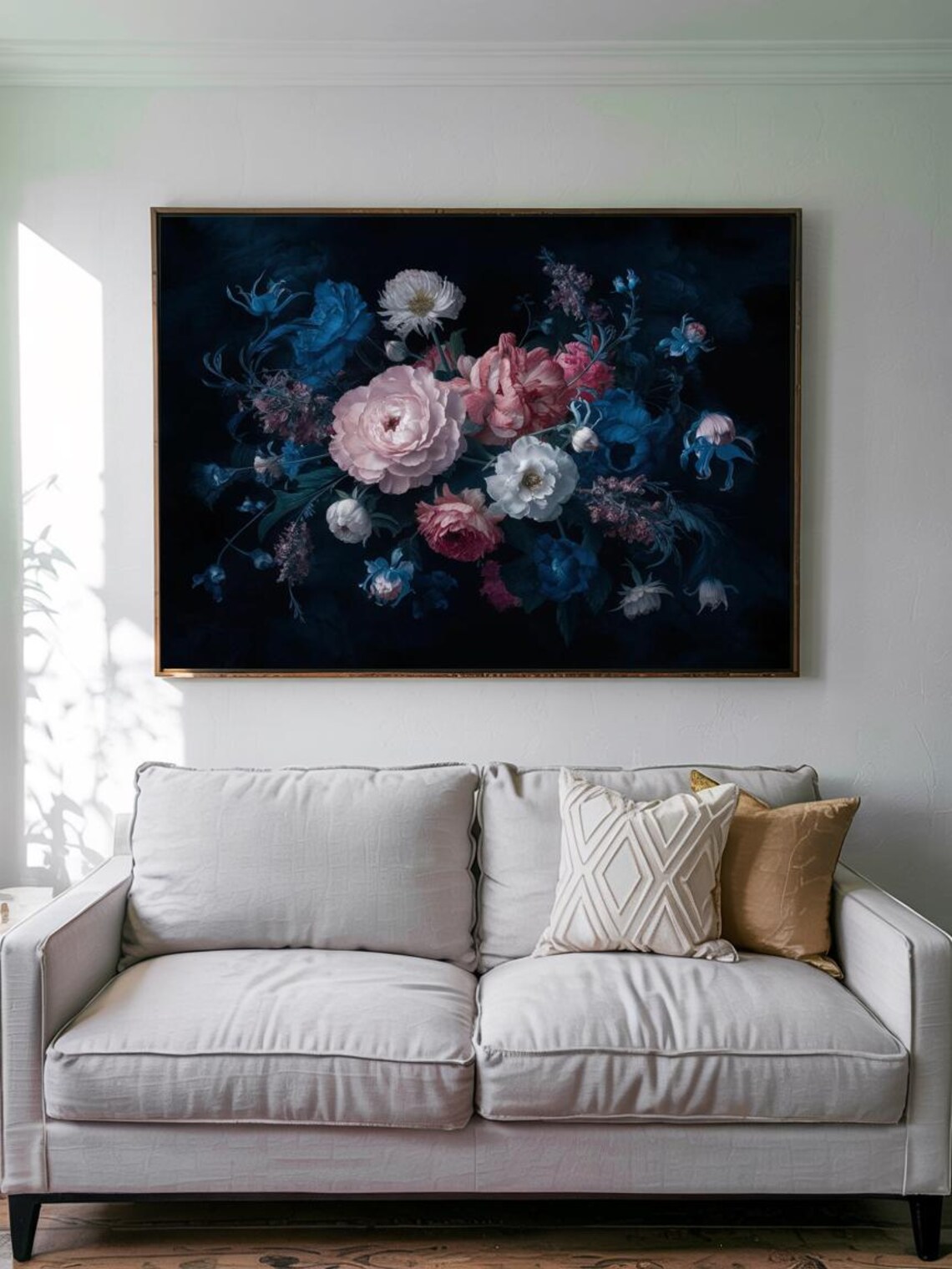 Pink Peony Blue Rose White Blooms Dark Floral Elegant Art Print
