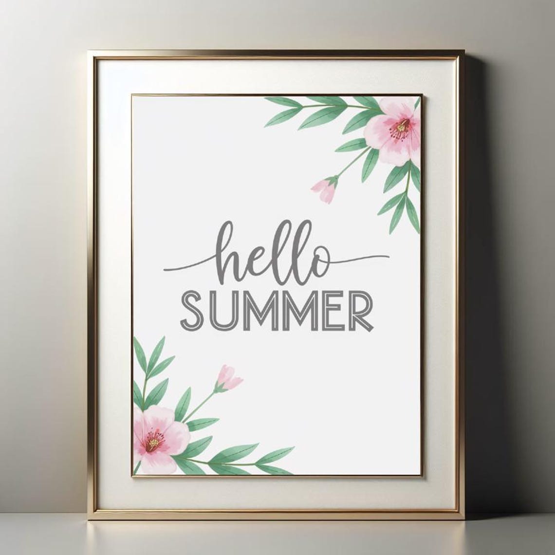 Hello Summer Gray Script Pink Watercolor Floral Corners Seasonal Print