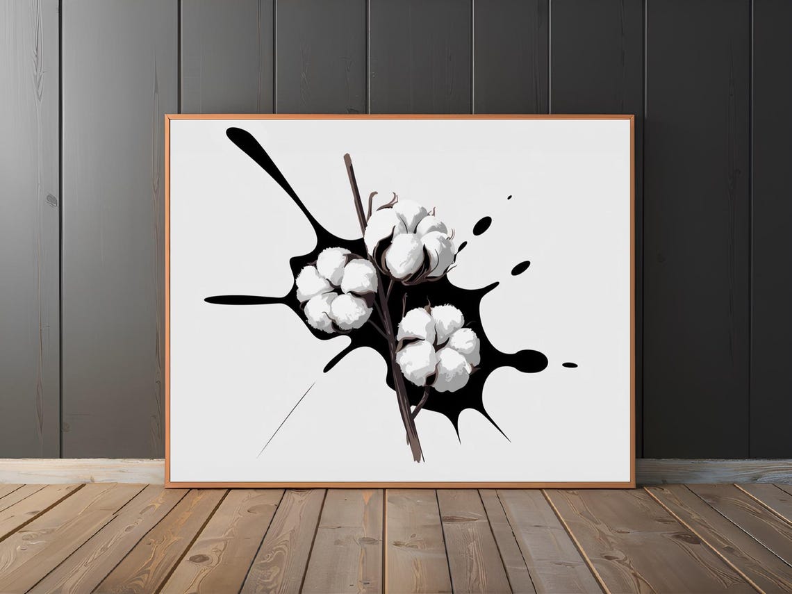 Cotton Bolls Branch With Ink Splatter Minimal Botanical Poster - Image 3