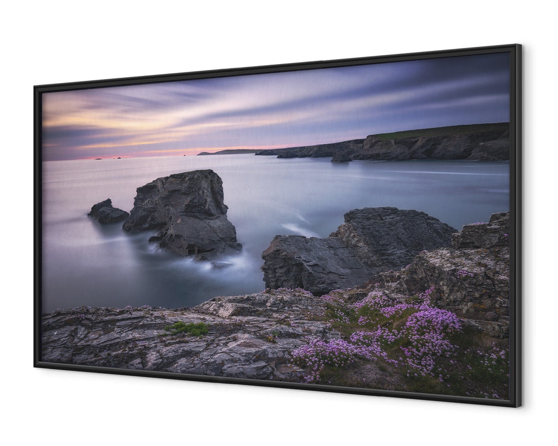 Dramatic Rocky Sea Coast At Dusk With Blooming Wildflowers Poster - Image 4
