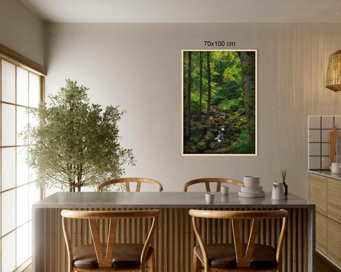 Sunlit Forest Stream Flowing Over Mossy Rocks In Green Woodland Poster - Image 3