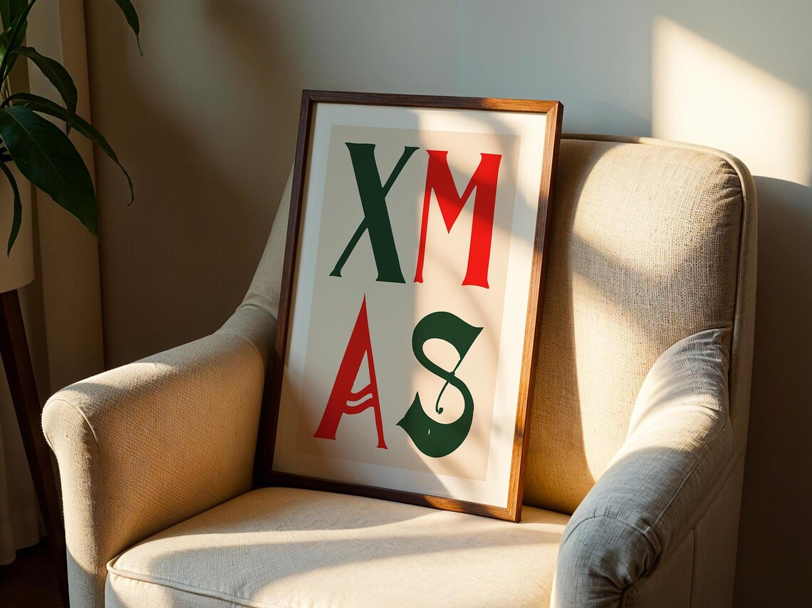 XMAS Green and Red Block Letter Vintage Christmas Typography Poster - Image 2