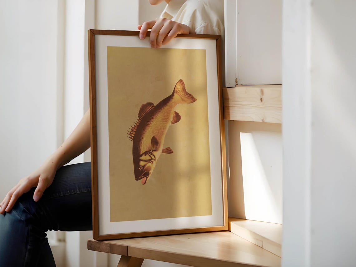 Vintage Golden Bass Fish Illustration Retro Angler Decor Poster - Image 2