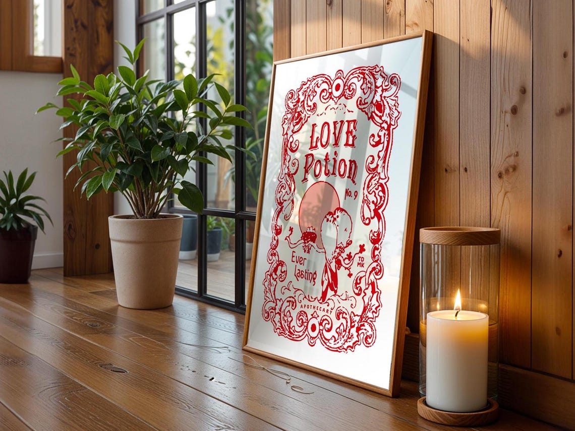 Love Potion No 9 Vintage Apothecary Label Red Romance Poster - Image 2