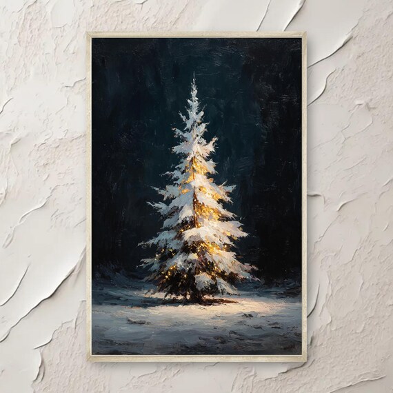 Vintage Christmas Tree Print Moody Winter Wall Art Farmhouse Decor Painting