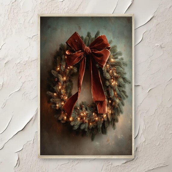 Vintage Christmas Wreath With Velvet Bow Rustic Holiday Poster