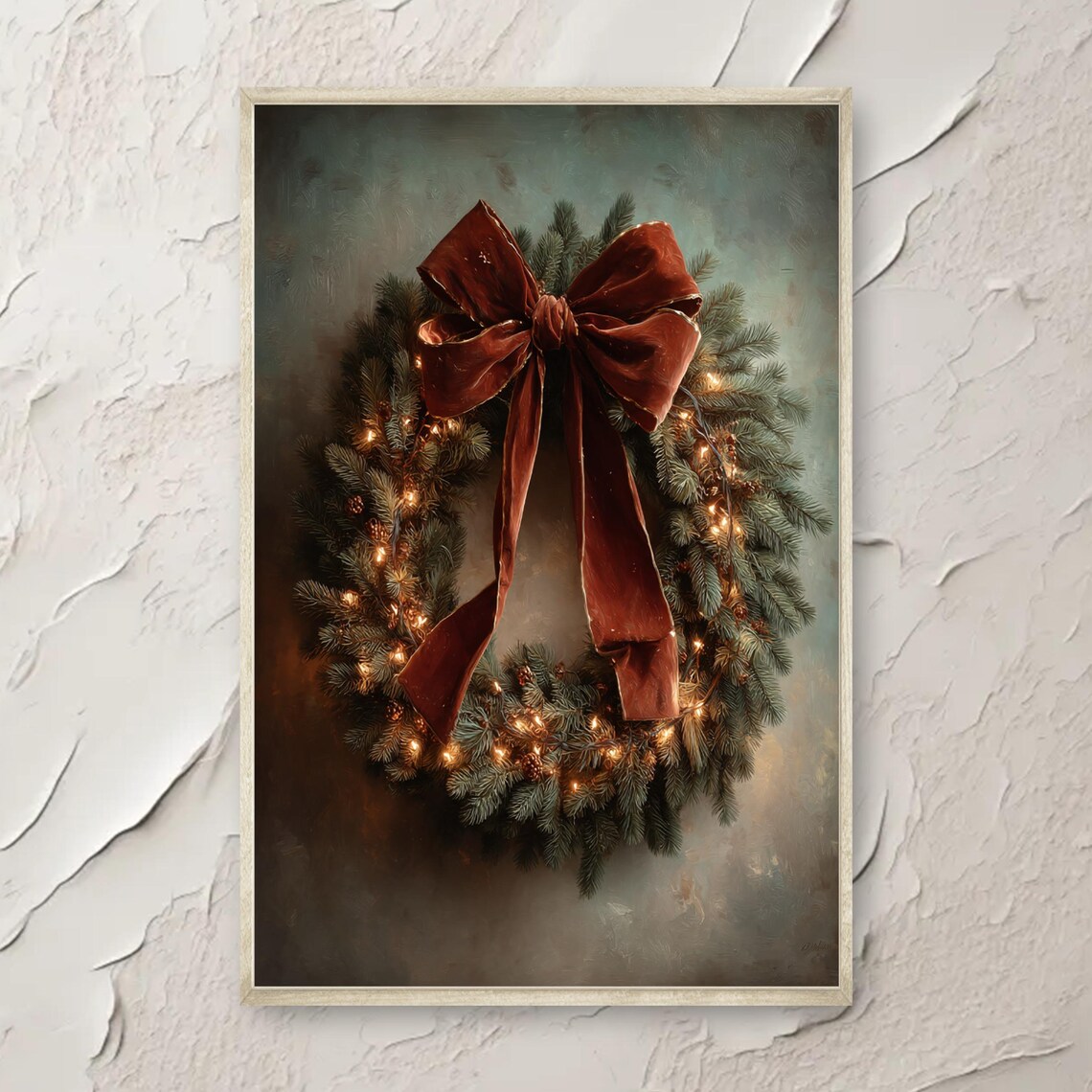 Vintage Christmas Wreath With Velvet Bow Rustic Holiday Poster