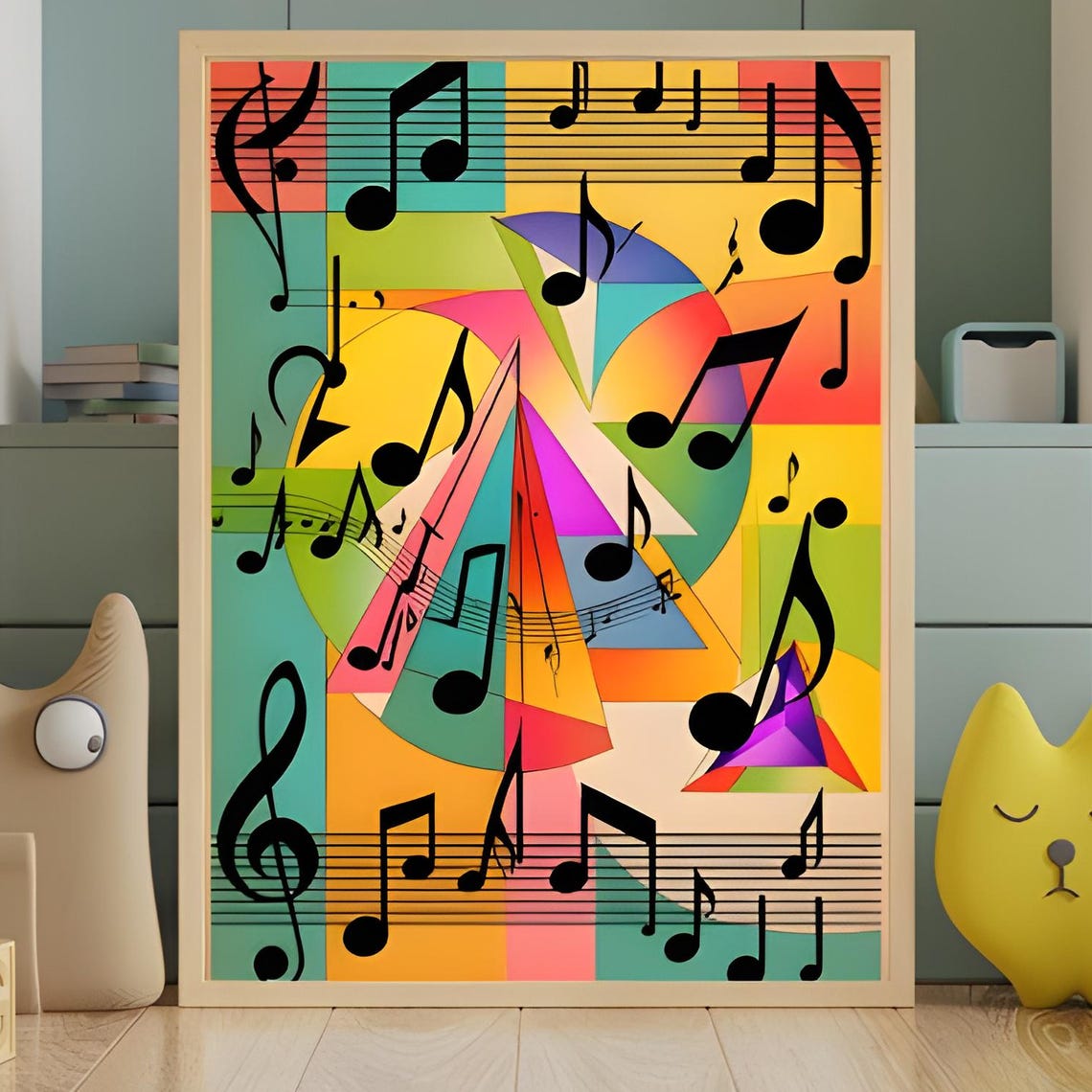 Bright Multicolour Musical Notes Poster with Bold Geometric Shapes