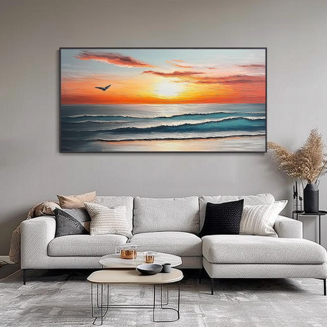 Ocean Sunset Seagull Waves 3D Textured Coastal Seascape Art Poster - Image 2