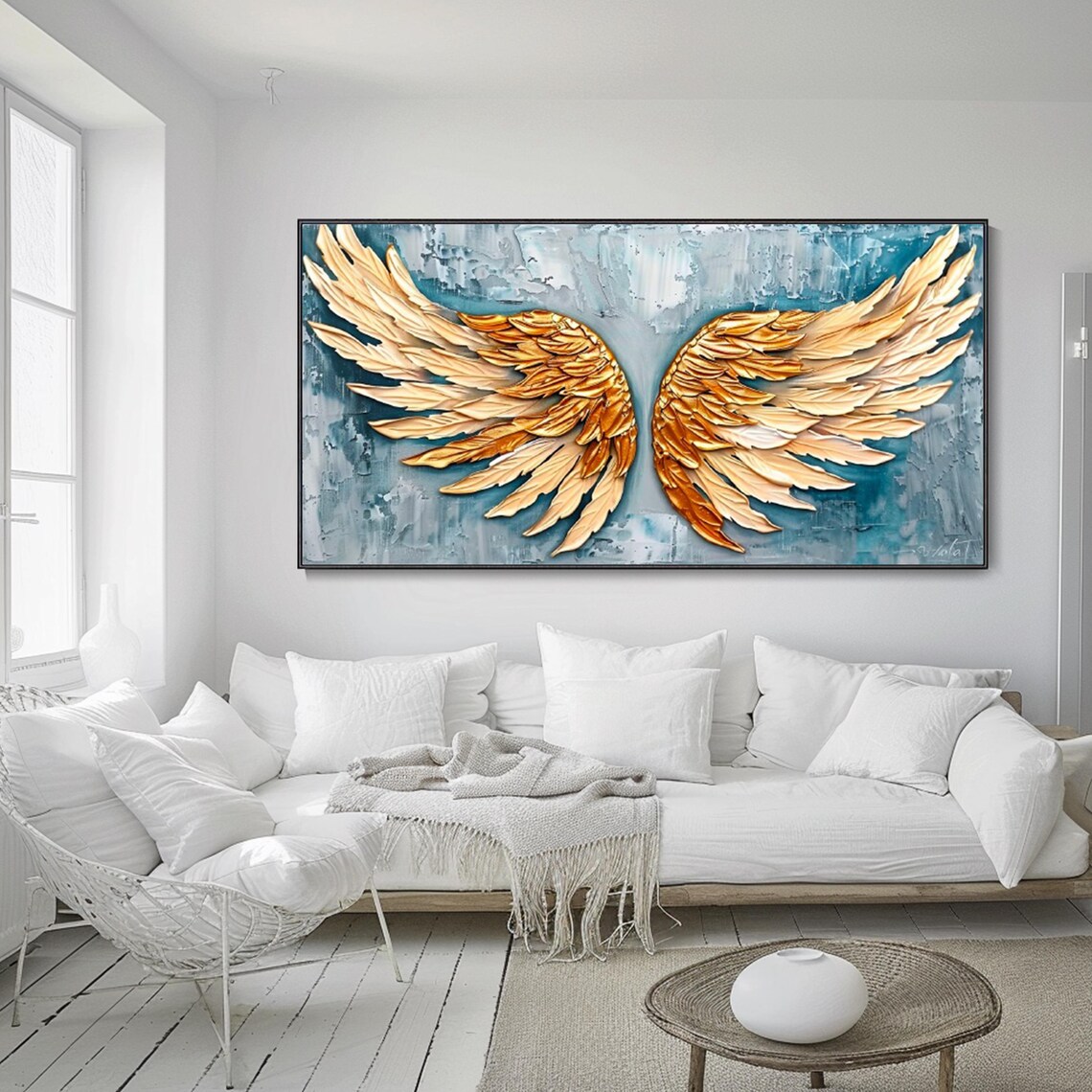 Golden Angel Wings 3D Textured Painting on Blue Canvas Poster - Image 3