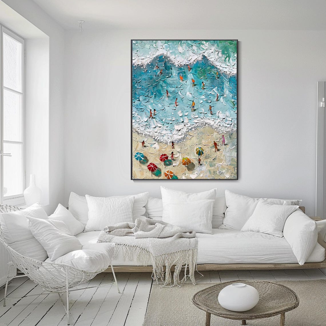 Aerial Beach Swimmers Turquoise Waves Thick Texture Oil Poster - Image 2