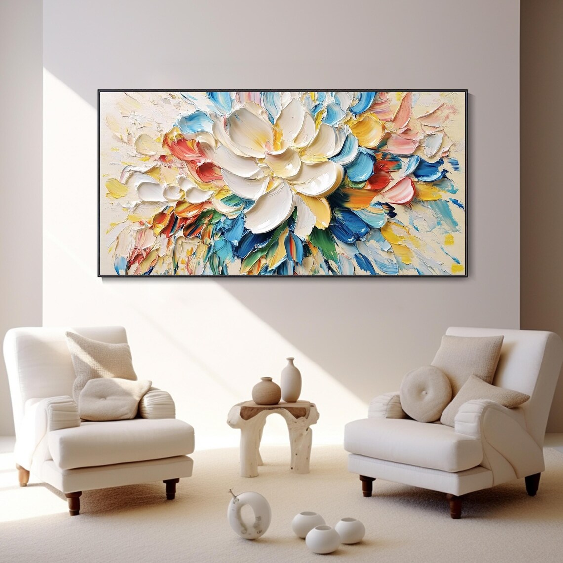White Peony Abstract Colorful Petals Impasto Oil Painting Poster - Image 2