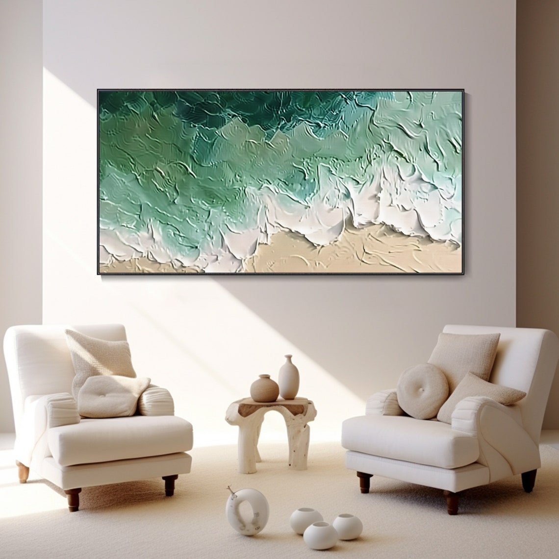 Turquoise Seascape White Foam Waves Sandy Beach Texture Oil Poster - Image 2