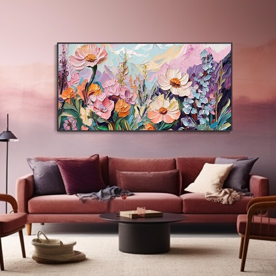 Original Pink Daisy Meadow Landscape Painting Serene Valley Oil Art Abstract Tropical Rainforest Hand Crafted Artwork Soft Colored