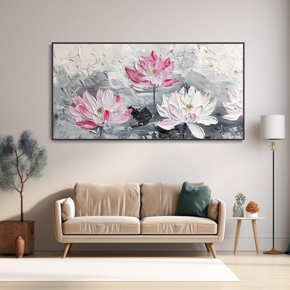 Pink White Lotus Flowers Gray Floral Texture Oil Painting Poster - Image 3
