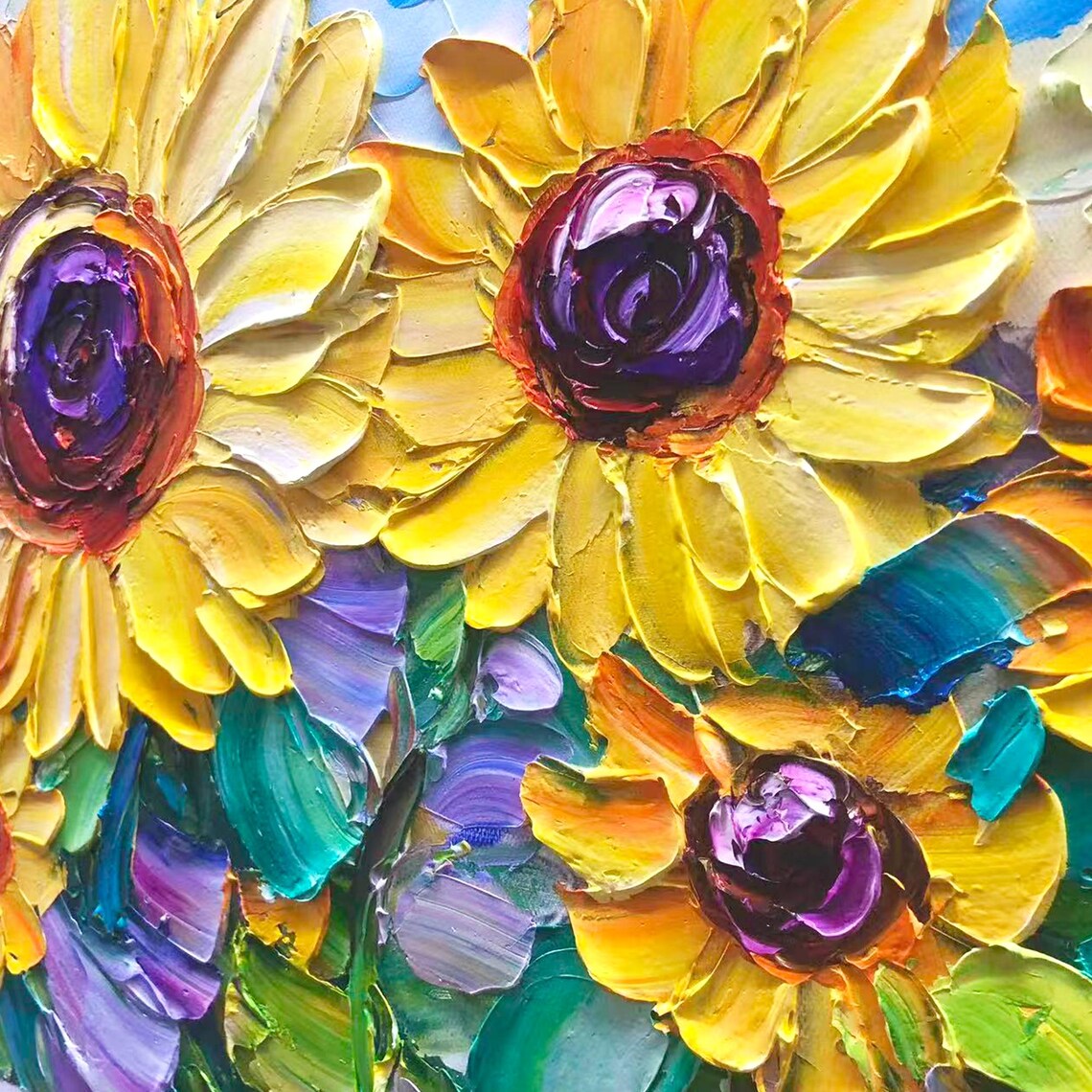 Vibrant Sunflowers Purple Centers Impasto Oil Painting Poster - Image 2