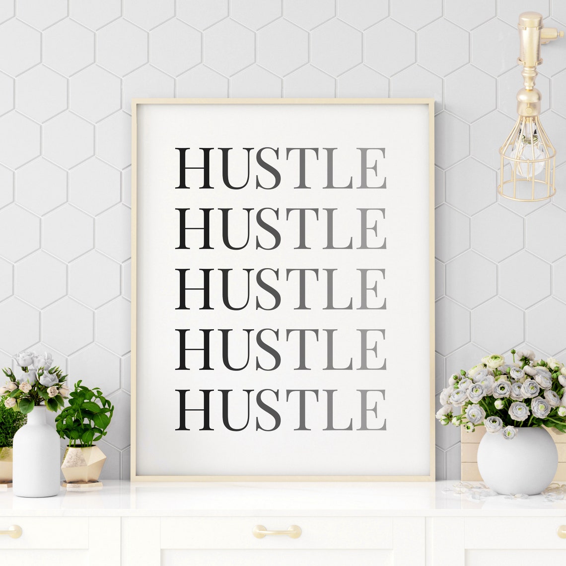Hustle Typography Poster Black Gradient Repeated Word Wall Decor