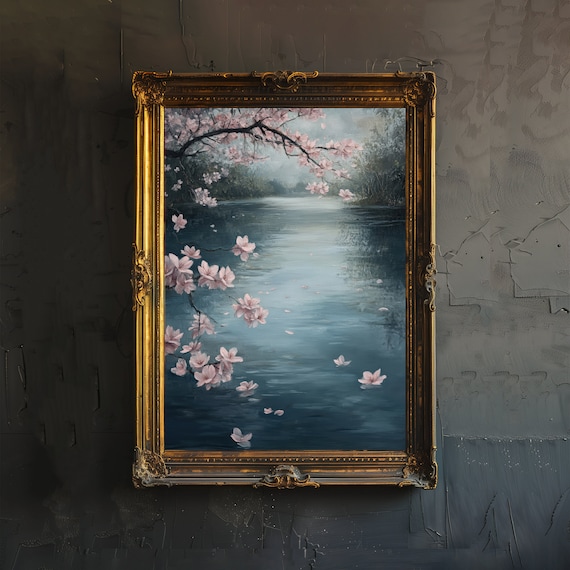 Cherry Blossom River Misty Spring Petals Dreamy Floral Art Poster