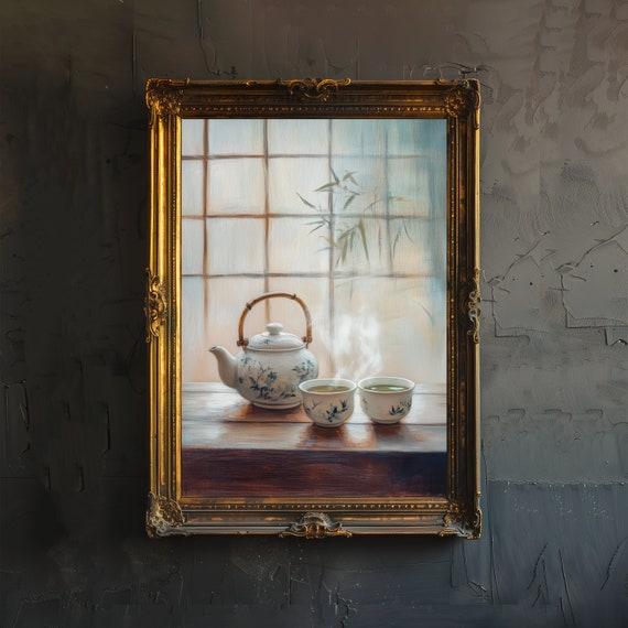 Japanese Tea Set Poster Dark Academia Art Decor Antique Illustration Vintage Tableware Wall Rustic