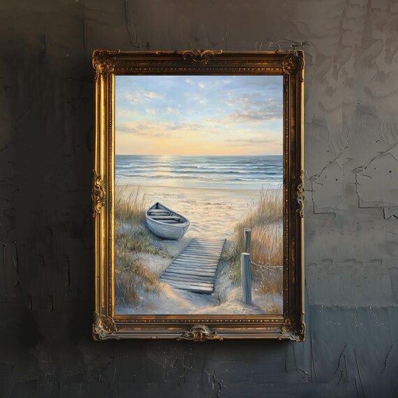 Rowboat on Sandy Beach Sunset Boardwalk Classic Coastal Scene Poster