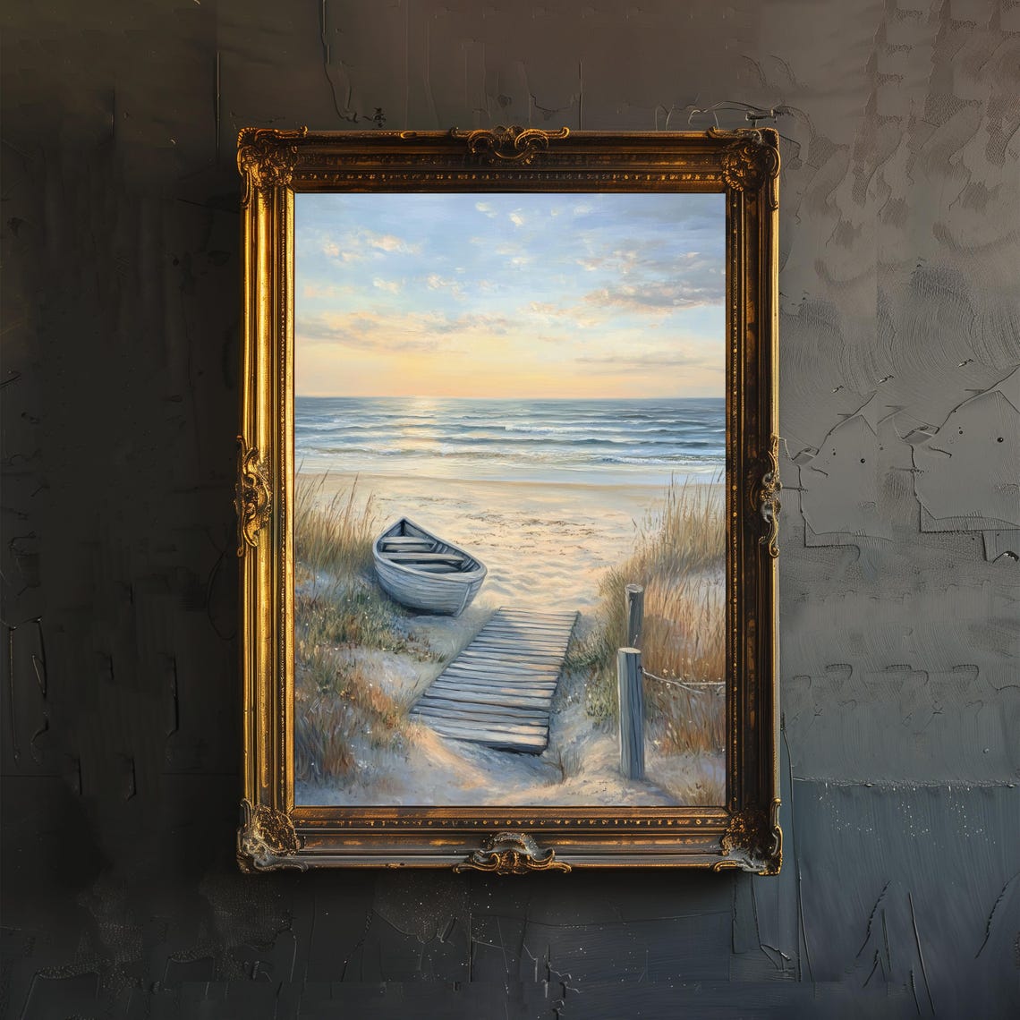 Rowboat on Sandy Beach Sunset Boardwalk Classic Coastal Scene Poster