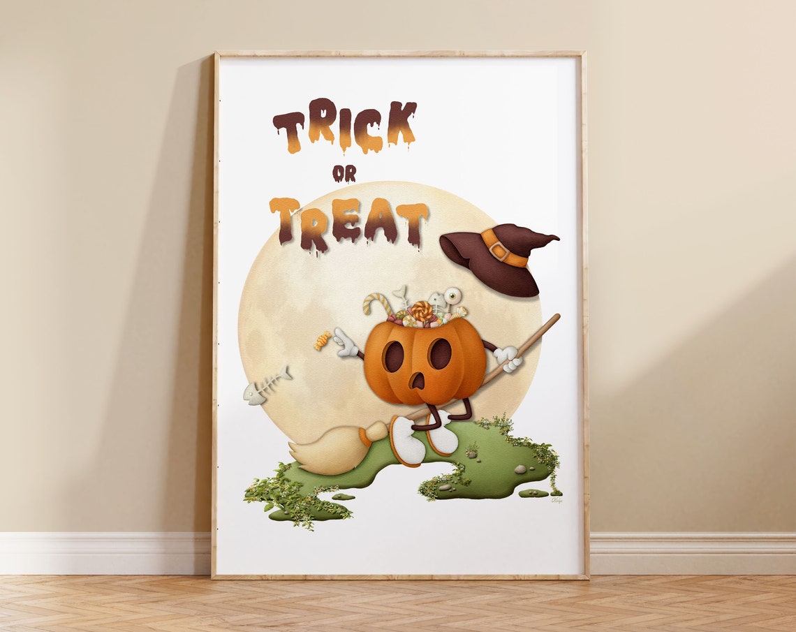 Trick Or Treat Halloween Pumpkin Candy Moon Witch Hat Fun Poster