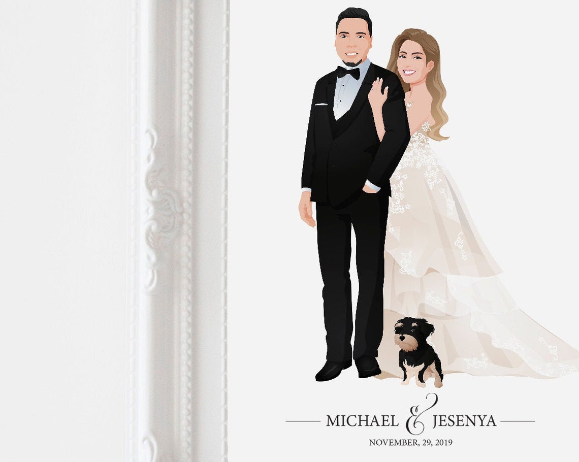 Custom Wedding Couple Portrait with Black Dog Anniversary Wall Art - Image 3