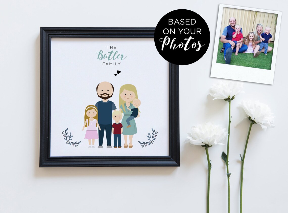 Personalized Butler Family of Five Illustration Portrait Poster