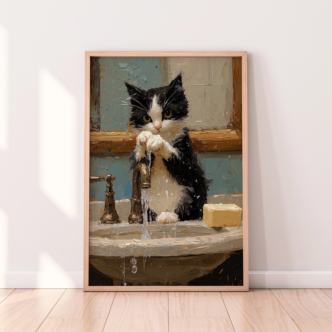 Tuxedo Kitten Washing Paws Under Faucet Oil Painting Bathroom Poster