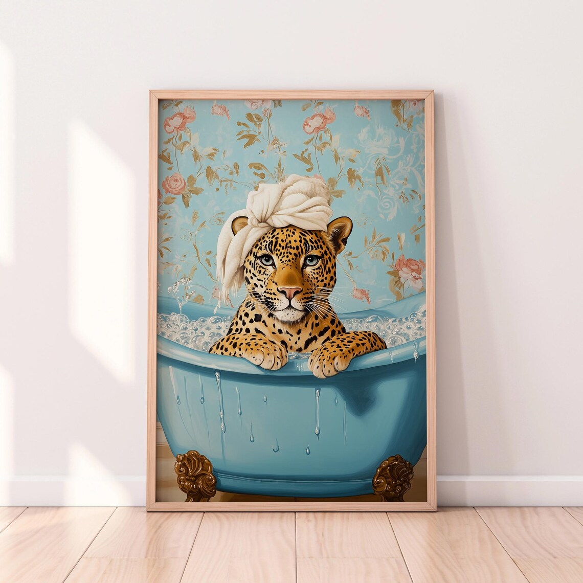 Elegant Leopard Bathroom Print Funny Spa Wall Art Luxury Animal Decor Vintage Clawfoot Tub Poster Whimsical Bathroom Artwork