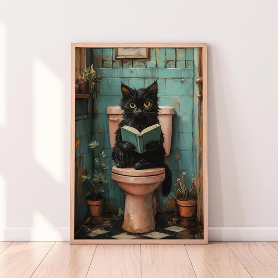Black Cat Reading Book While Sitting on Toilet Funny Bathroom Poster