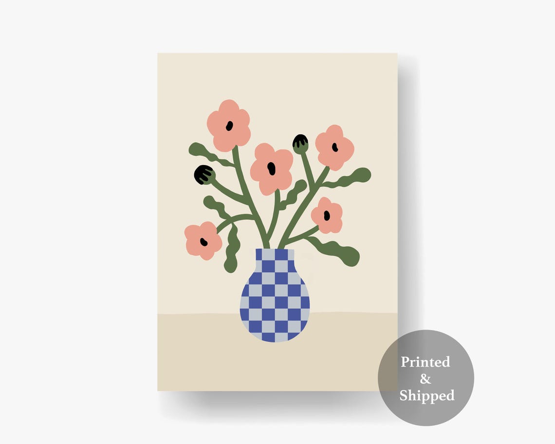 Pink Poppies in Blue Checkered Vase Floral Illustration Poster - Image 6