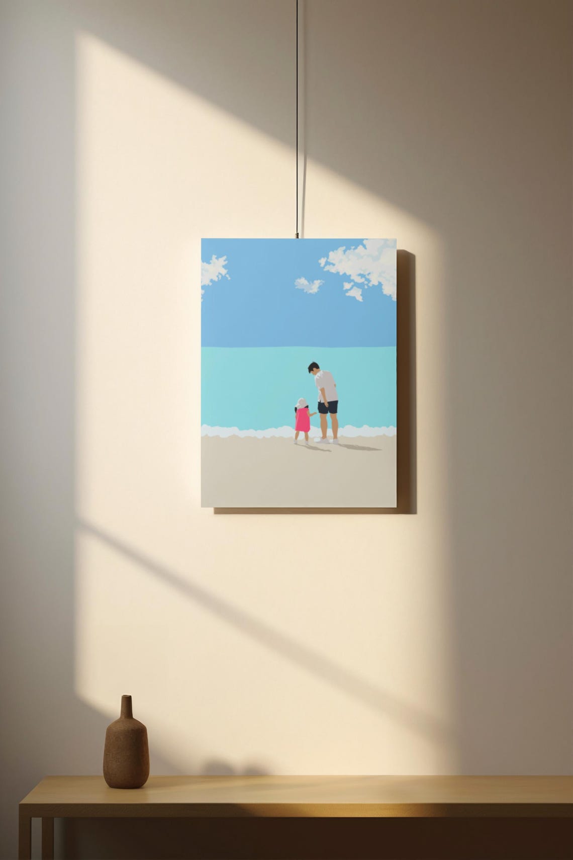 Father and Daughter Holding Hands on Beach Turquoise Sea Wall Art - Image 4