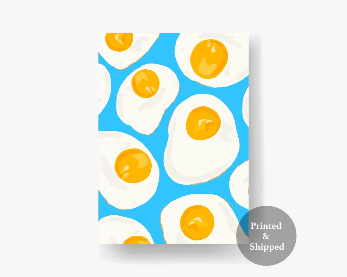 Sunny Side Up Fried Eggs Pattern on Blue Kitchen Wall Poster - Image 5
