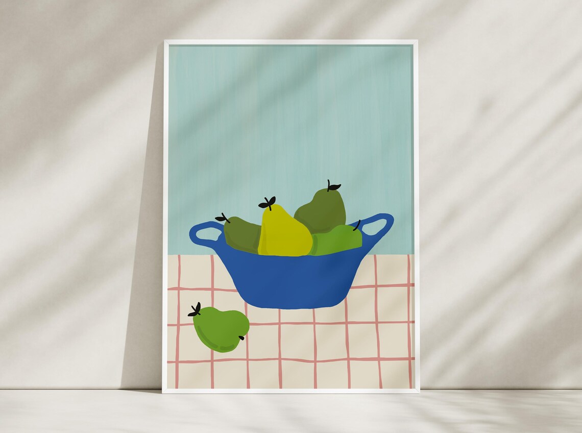 Green Pears in Blue Bowl Still Life Retro Kitchen Art Poster - Image 5