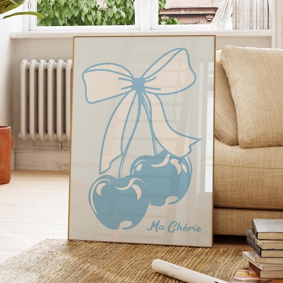 Ma Cherie Blue Cherry Bow Cream Coquette Preppy Trendy Wall Poster