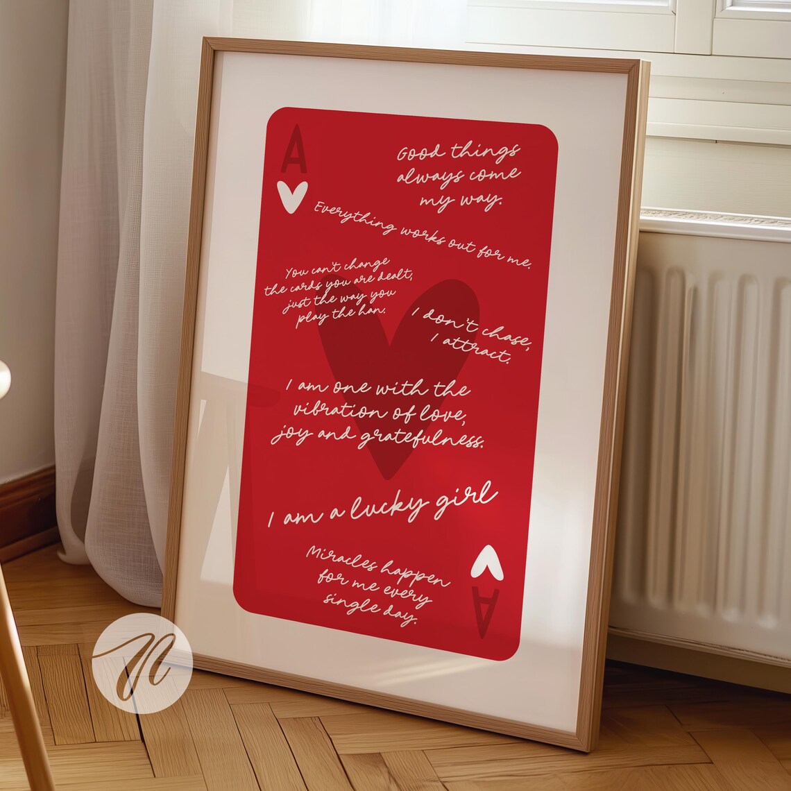 Lucky Girl Affirmations Poster Red Ace of Hearts with Manifestation Quotes