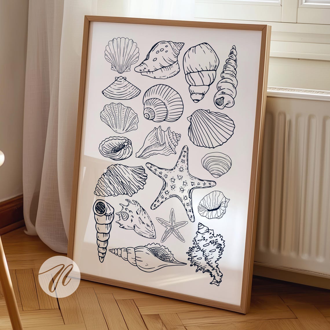 Seashell Line Art Collection Navy Coastal Beach House Poster