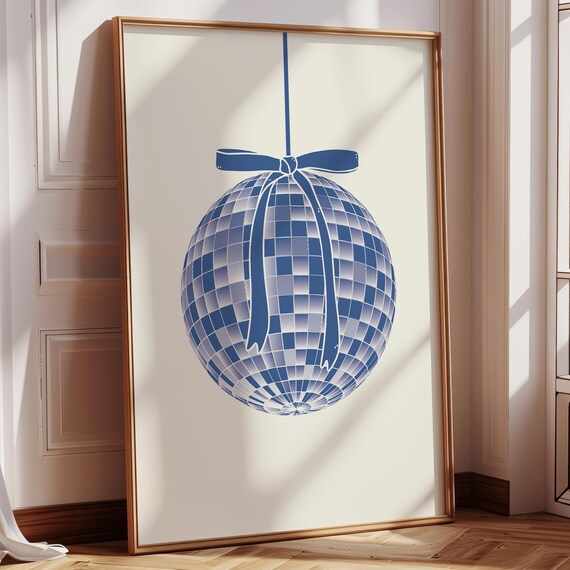 Blue Disco Ball with Bow Preppy Coquette Party Dorm Room Poster
