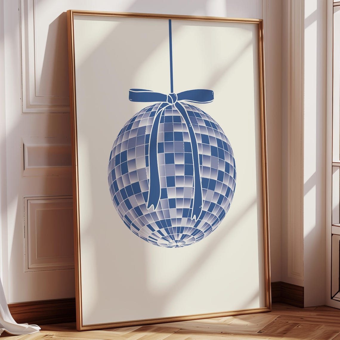 Blue Disco Ball with Bow Preppy Coquette Party Dorm Room Poster