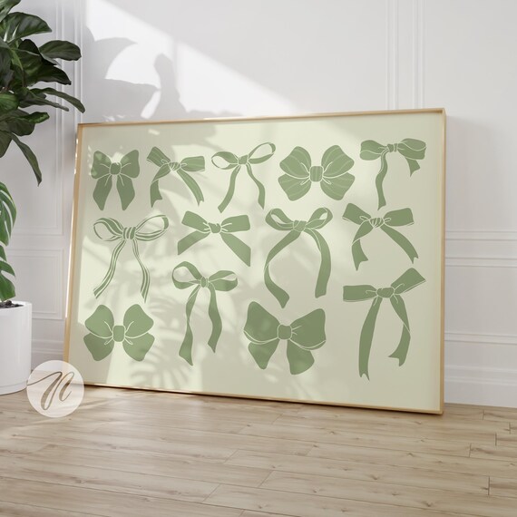 Sage Green Bows Pattern Coquette Preppy Room Trendy Wall Art
