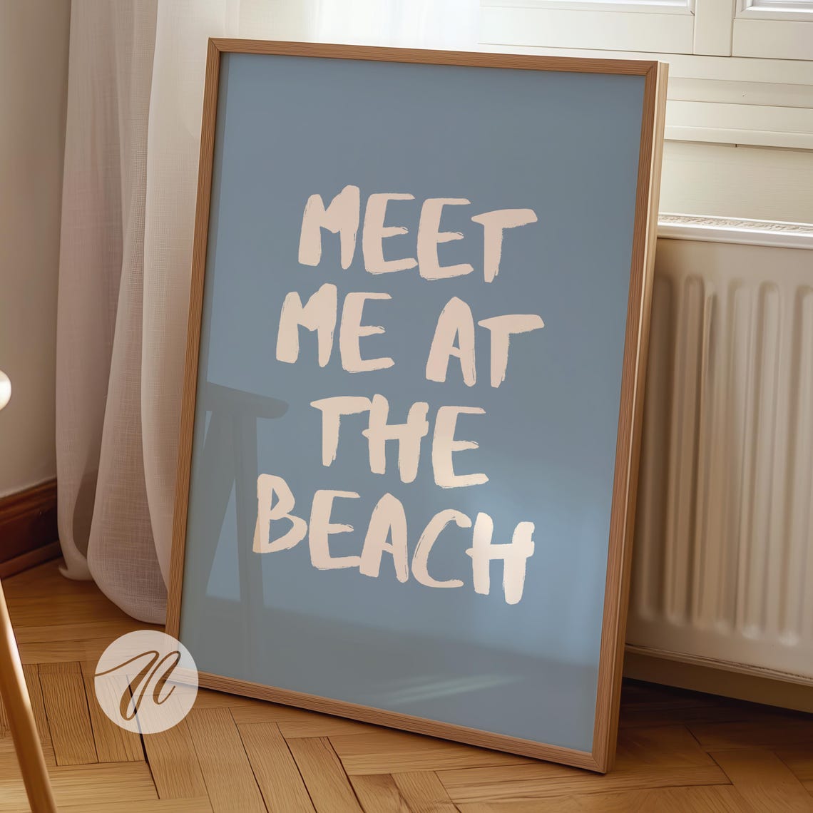 Meet Me at the Beach Dusty Blue Hand Lettered Coastal Poster