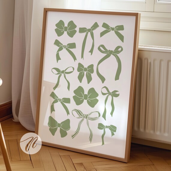 Sage Green Ribbon Bows Coquette Minimalist Girls Room Wall Art