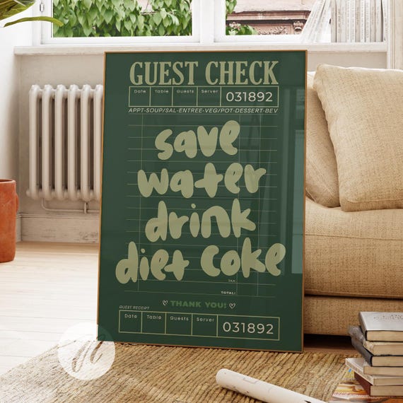 Guest Check Prints Trendy Wall Art Dark Sage Green Poster Preppy Decor Retro Bar Cart