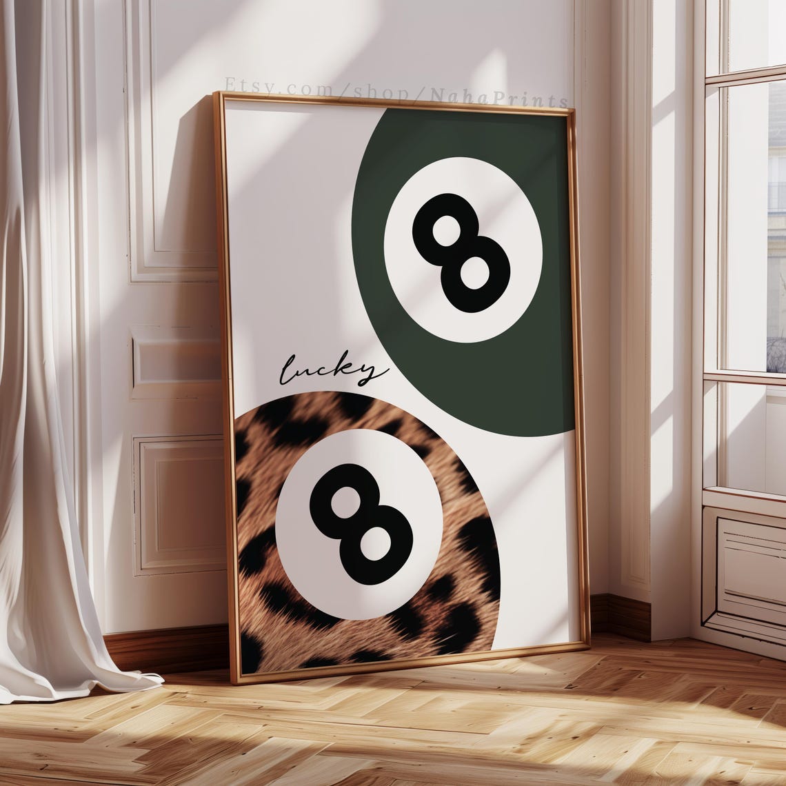 Sage Green Lucky 8 Ball Leopard Cheetah Pool Hall Dorm Wall Art
