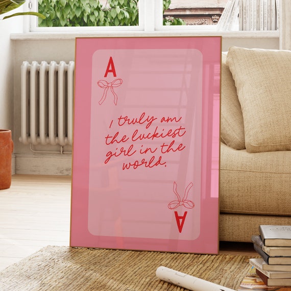 Pink Bows Print Preppy Room Wall Art Cute Coquette Dorm Decor Ace Card Lucky Girl Syndrome College Apartment Girly