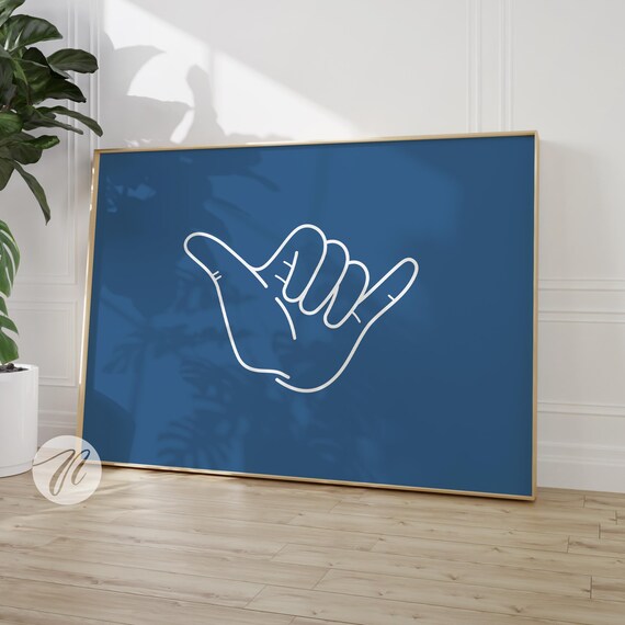 Shaka Hand Sign White Line Art on Light Navy Coastal Surf Poster