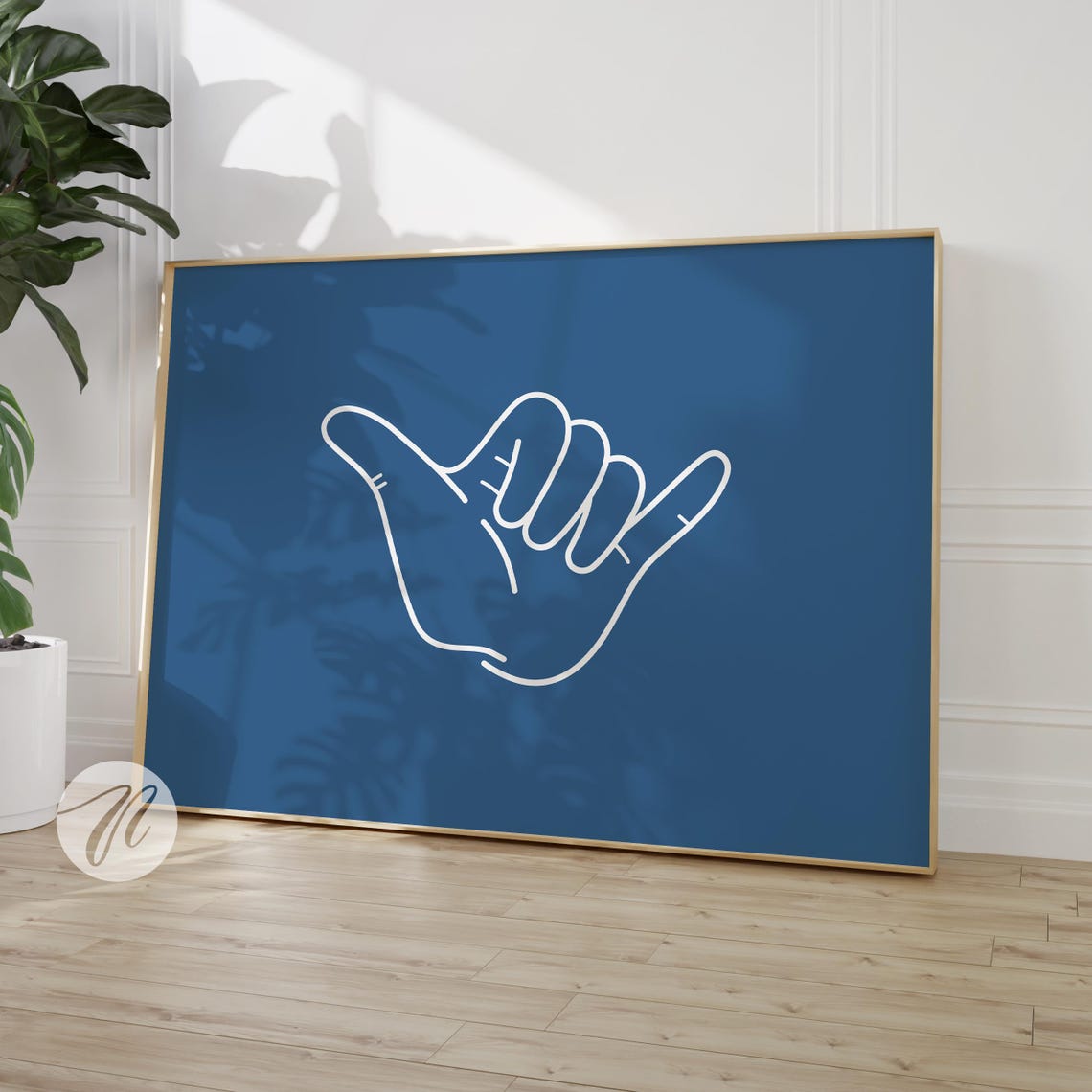 Shaka Hand Sign White Line Art on Light Navy Coastal Surf Poster
